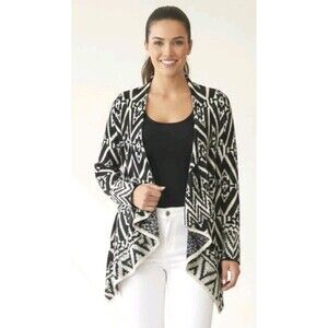 Knox Rose Open Front Knit Cardigan Sweater Size M Black White Boho Tribal Thick